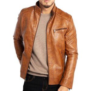 Men’s Brown WULFUL Stand Collar Faux Leather Motorcycle Lightweight Jacket